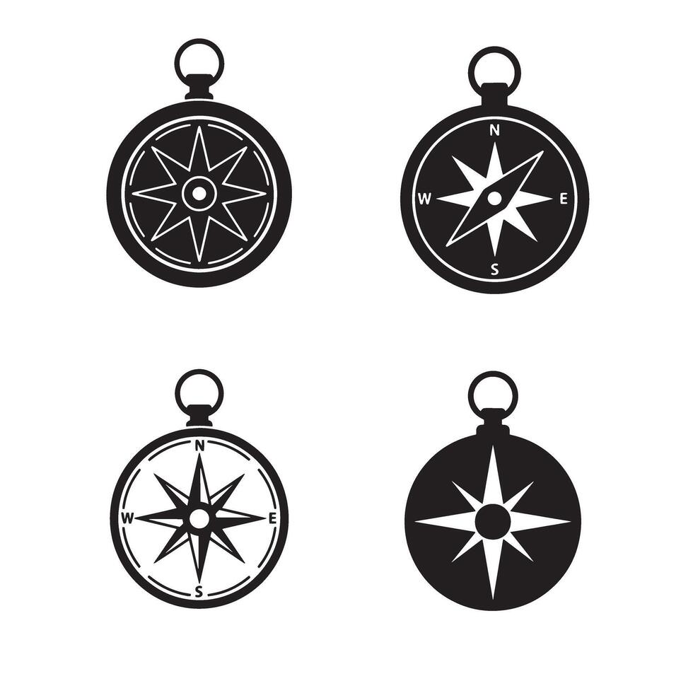 Set of four stylized black and white compass icons representing navigation and exploration elements vector