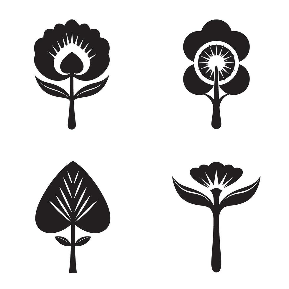 illustrations of stylized floral elements in black and white featuring various flower and leaf designs on a white background vector