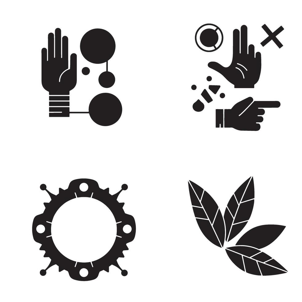 Black and white minimalistic icon collection featuring hand gestures and floral elements on a crisp white backdrop vector
