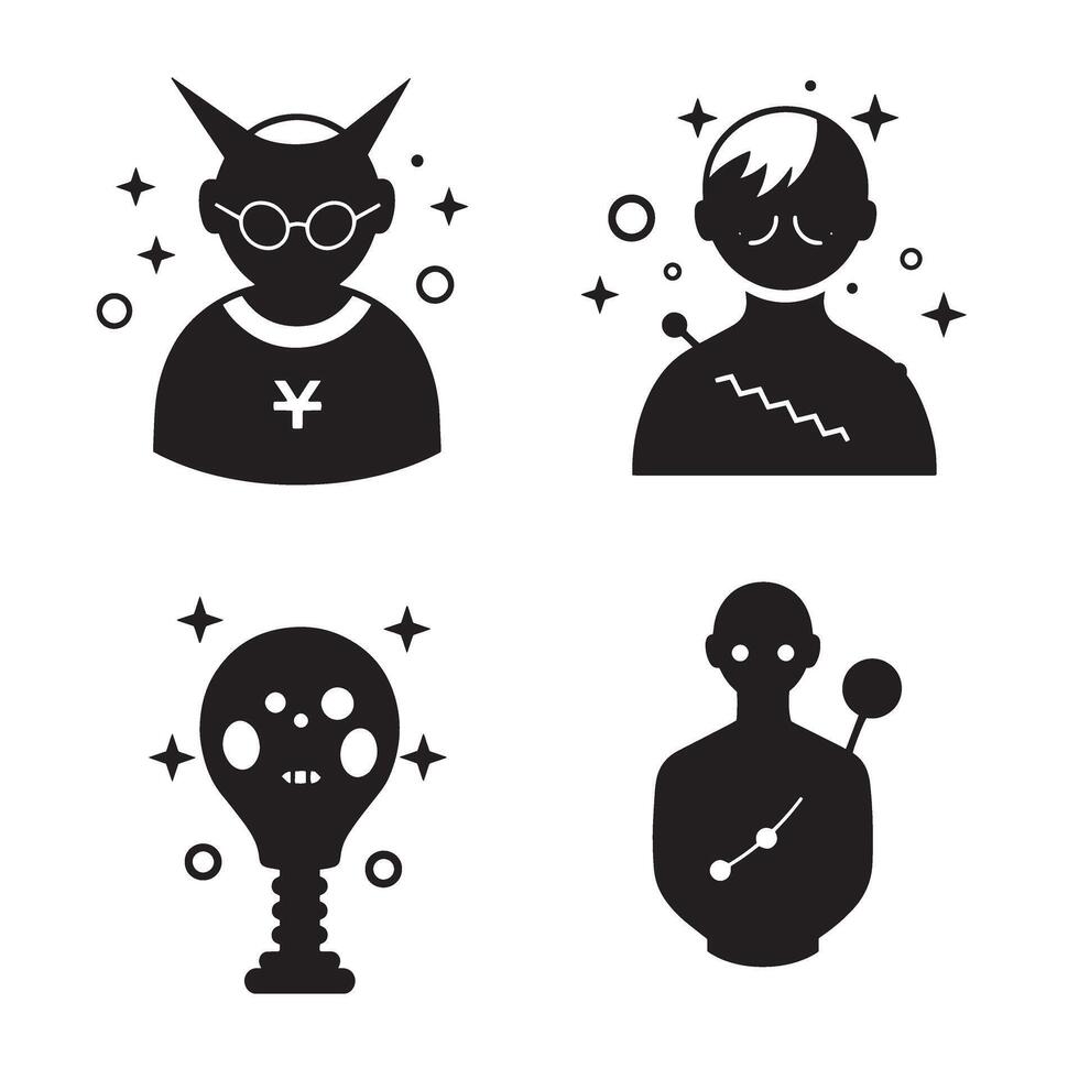 Artistic monochromatic illustration showcasing abstract human silhouettes with various unique characteristics and symbols in a minimalist modern style. vector