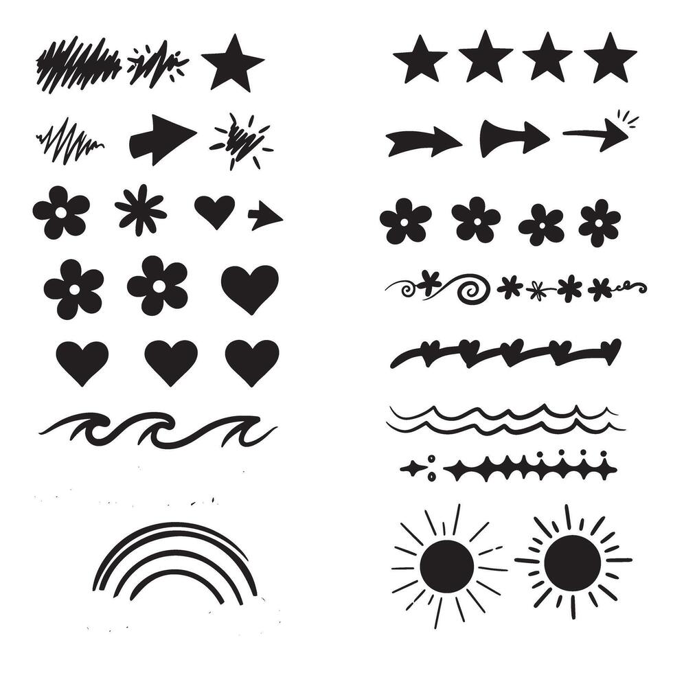 Collection of hand drawn design elements in black outlines for decorative and embellishment purposes vector