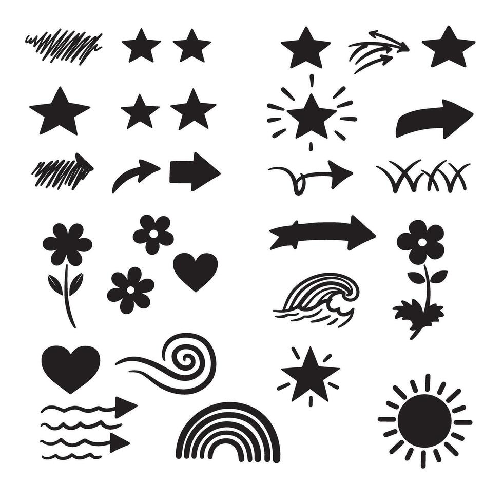 Hand drawn illustrations of stars arrows flowers hearts sun waves and rainbows for design elements vector