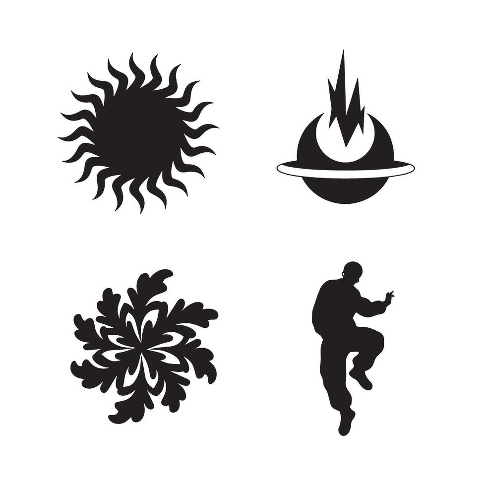 Four black silhouettes of sun circle emblem martial arts practice flower design and a decorative modern graphic on white background vector