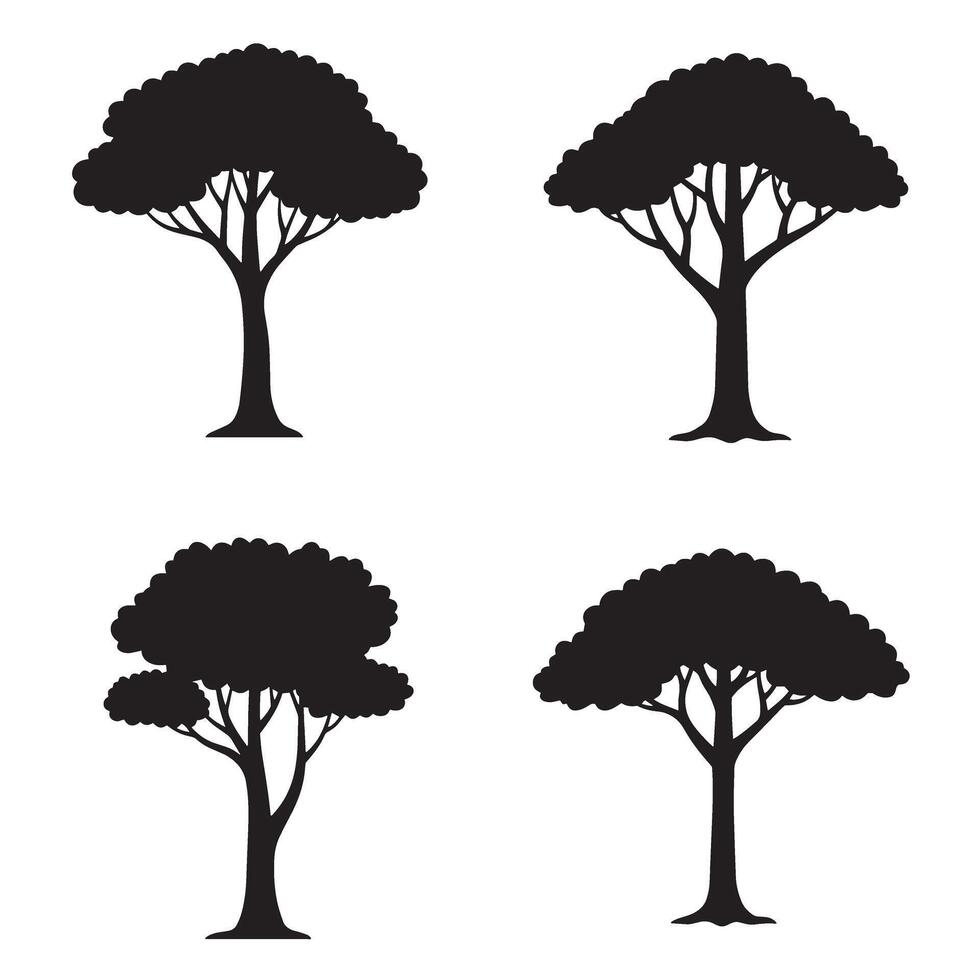 Four elegant black tree silhouettes isolated on white background suitable for design elements and illustrations vector