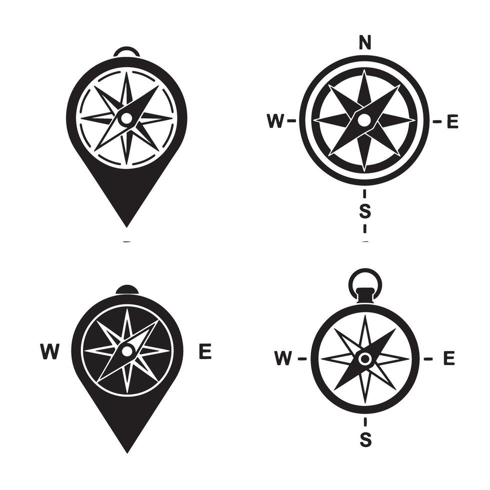 illustrations of compass rose navigational tools in black and white suitable for travel direction and geographic location concepts. vector