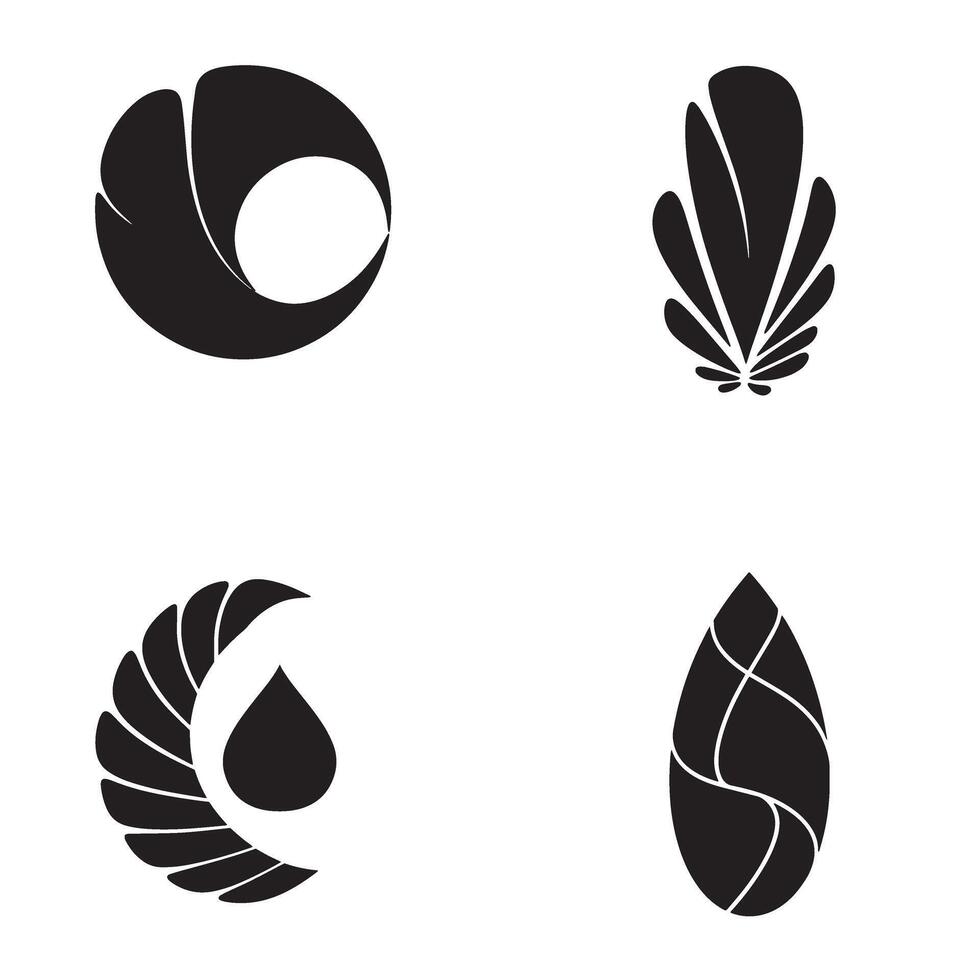 Four black and white abstract nature icons with stylized shapes featuring organic elements and minimalist design vector