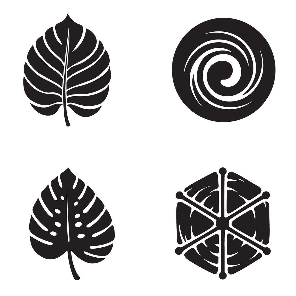 A collection of four minimalist black and white designs featuring leaves and swirls vector