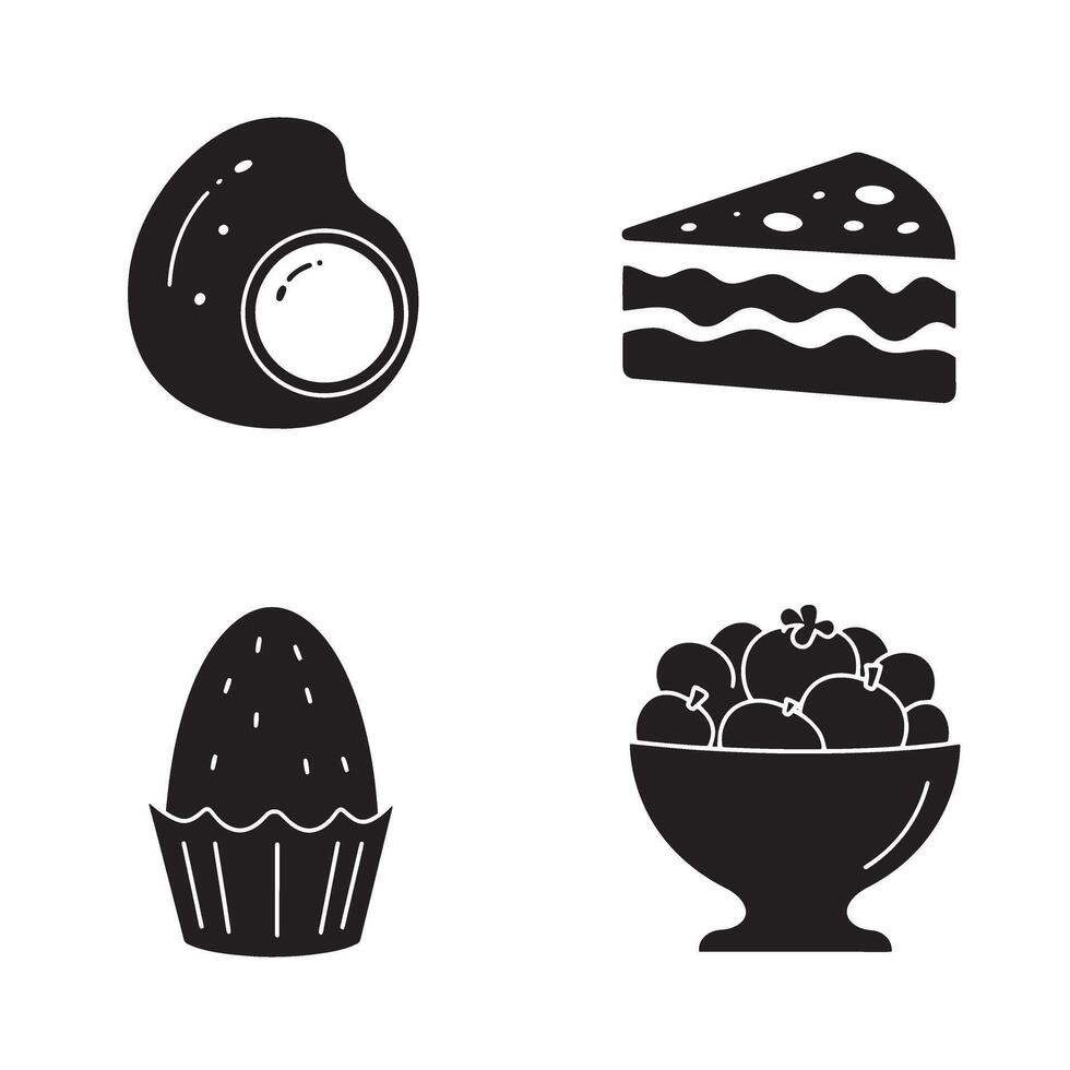 Black and white graphic illustration of four food elements cake fruit and egg isolated against a white background vector