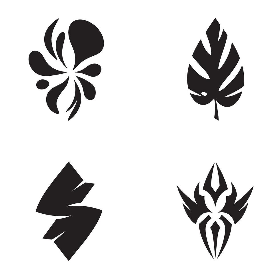 Four artistic black and white silhouette design elements with abstract floral and leaf forms isolated on white background vector