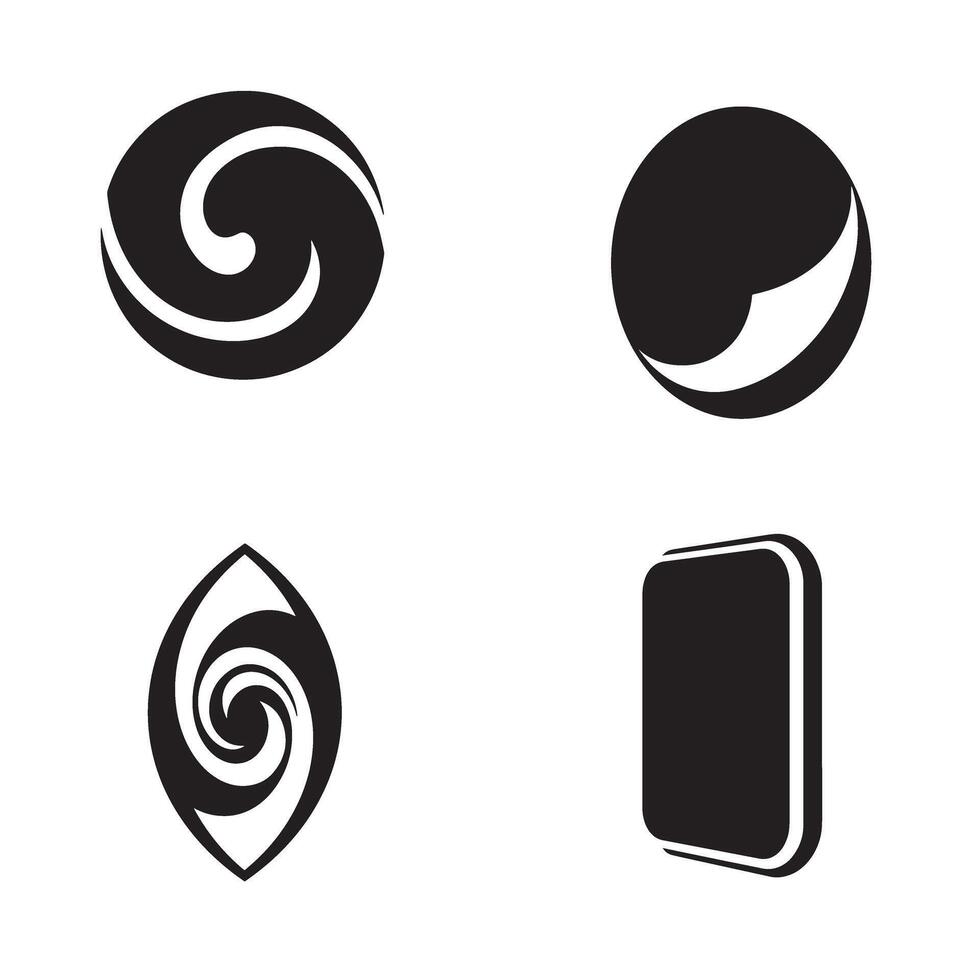 Black and white design elements featuring spiral shapes and a three-dimensional rectangular box for versatile graphic use vector