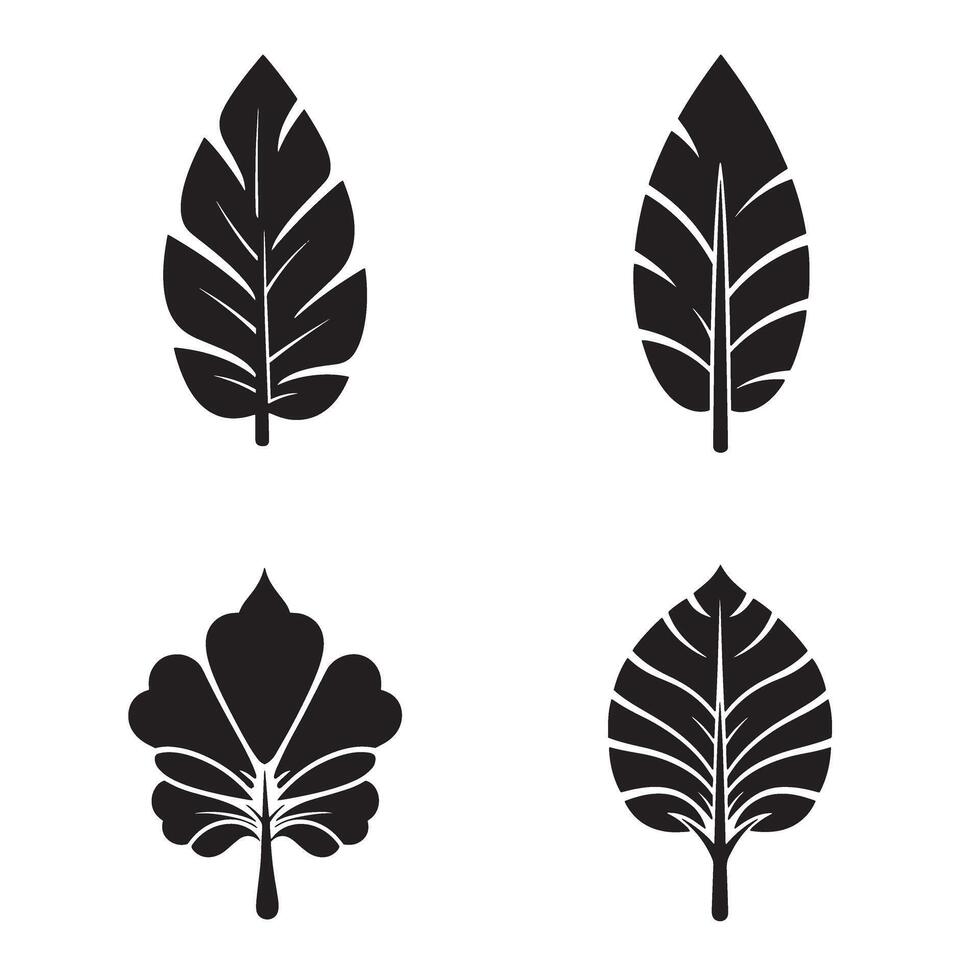 Four black leaf silhouettes depicting nature elements for design or decoration with a minimalist style vector
