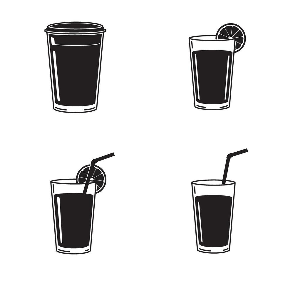 Collection of black and white illustrations of drinks including a coffee cup and juice with straw and citrus decoration vector