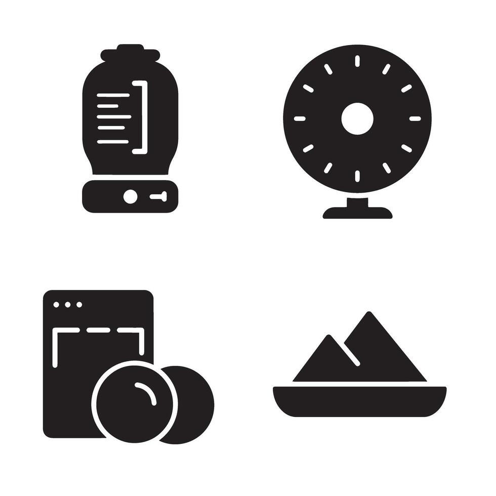 Black and white minimalistic icon set representing an air humidifier a fan an oven and a mountain range vector