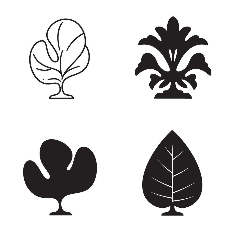 Minimalist botanical elements featuring tree foliage and decorative leaf designs with a simple black and white style vector