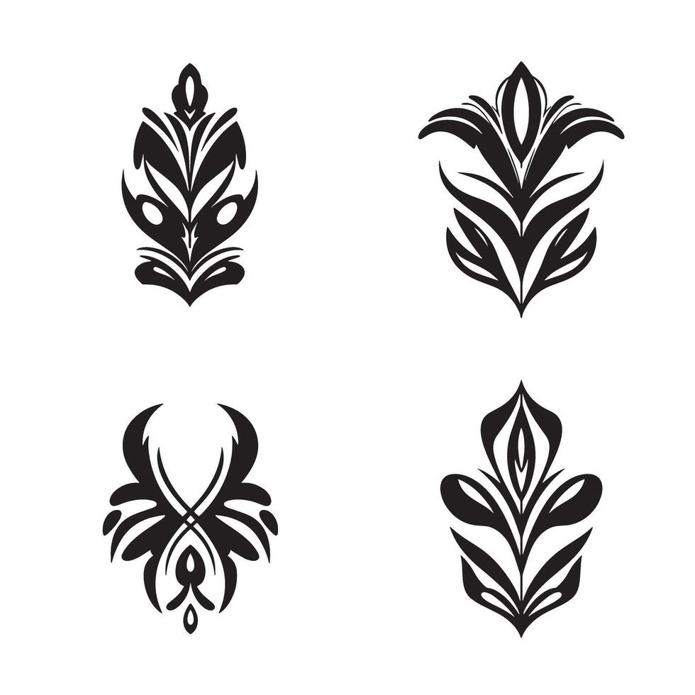 A set of four decorative black and white floral and ornamental design elements for various creative applications vector