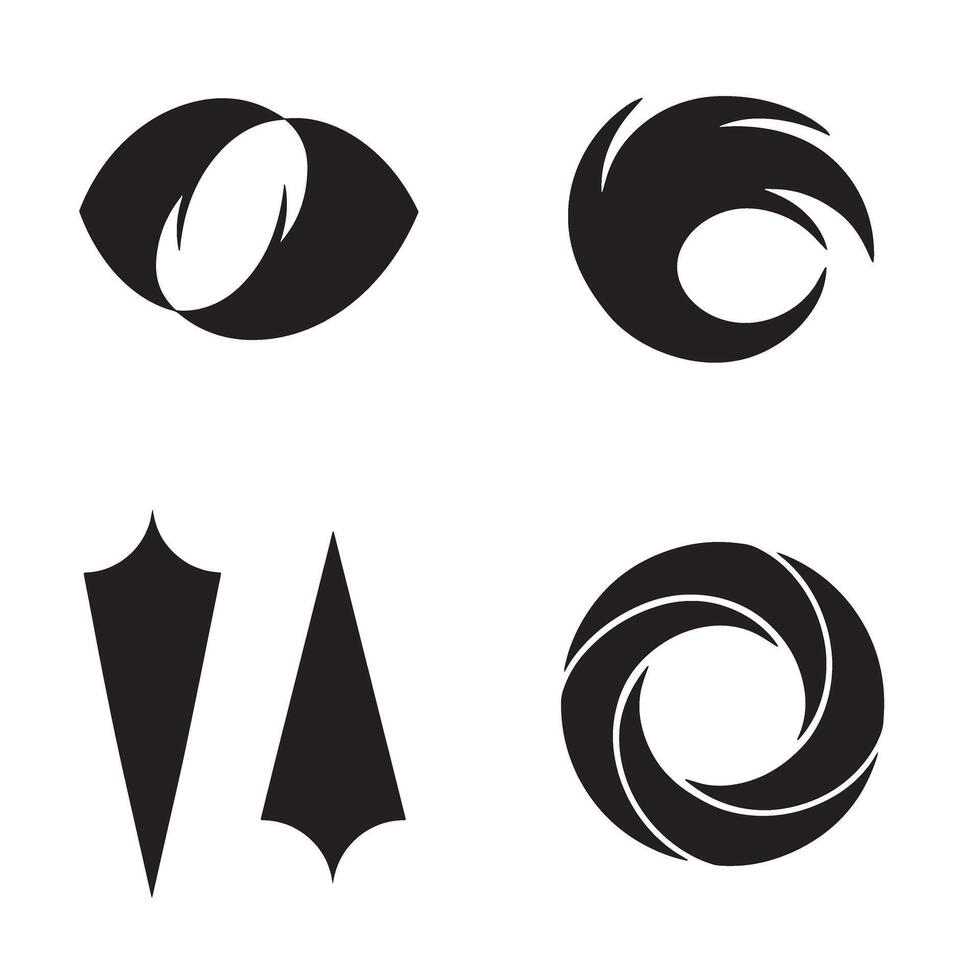 Abstract black logo designs set featuring eye shapes swooshes geometric shapes and circular vortexes for design concepts vector