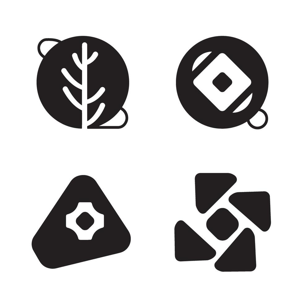 Simple black and white icon set featuring leaf symbol compass rose button and rounded square graphics vector