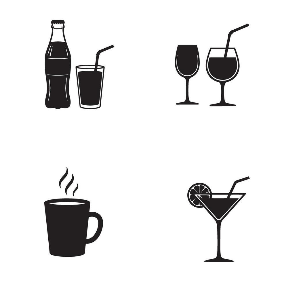 Black and white silhouettes of assorted beverages including soft drinks wine coffee and cocktails for graphic design vector