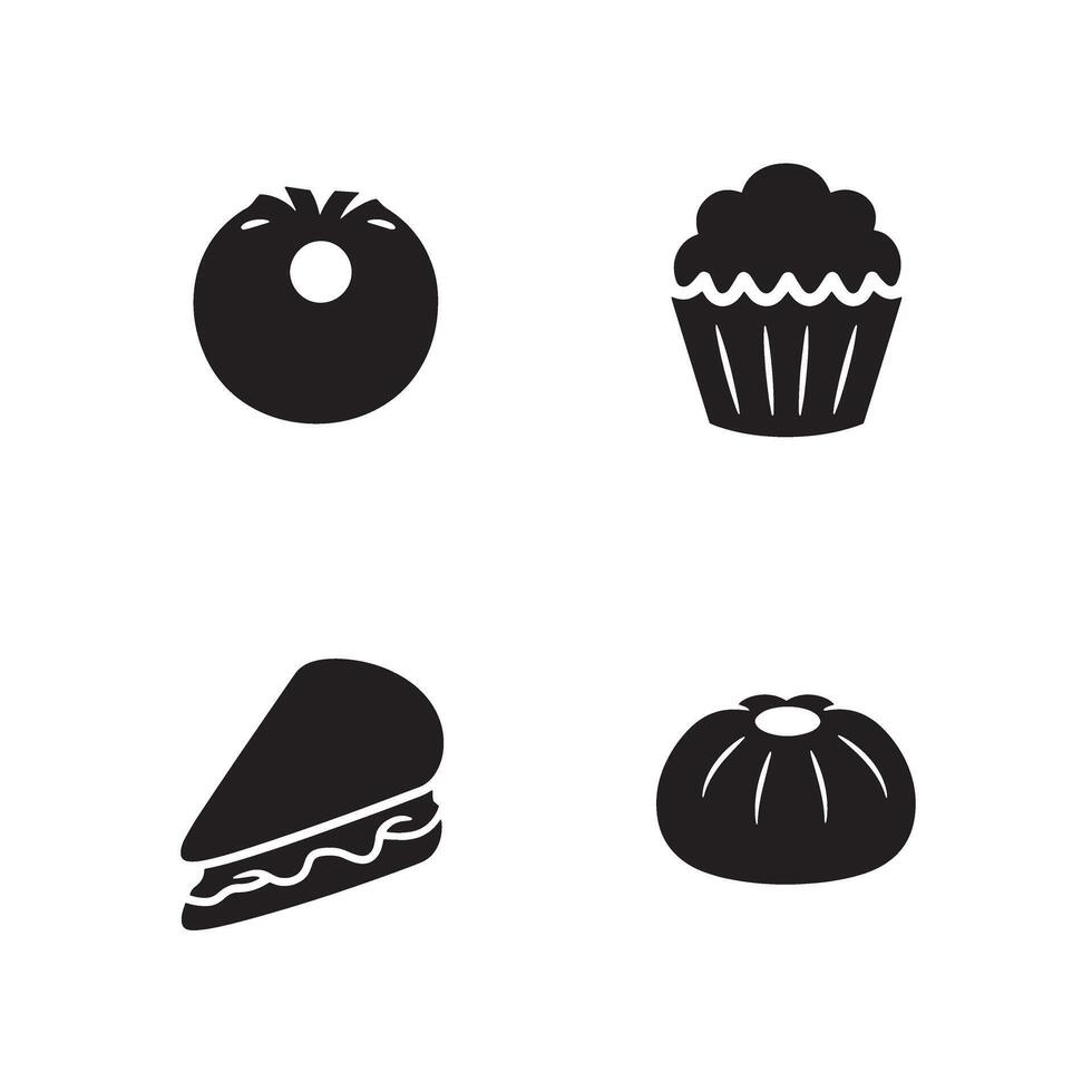Simple black silhouettes of tomato muffin sandwich and buns food icons for conceptual design and graphic projects vector