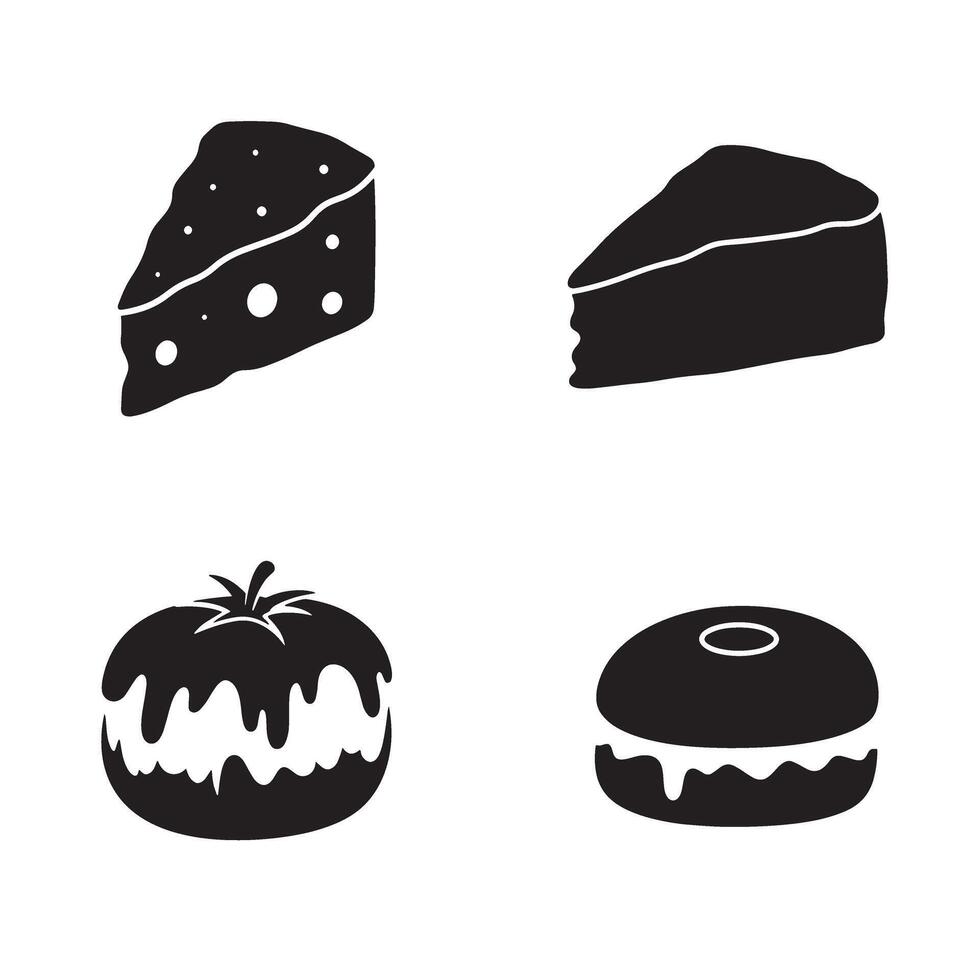Simple black and white icons featuring cheese slices tomato and a pastry for design or food related concepts vector