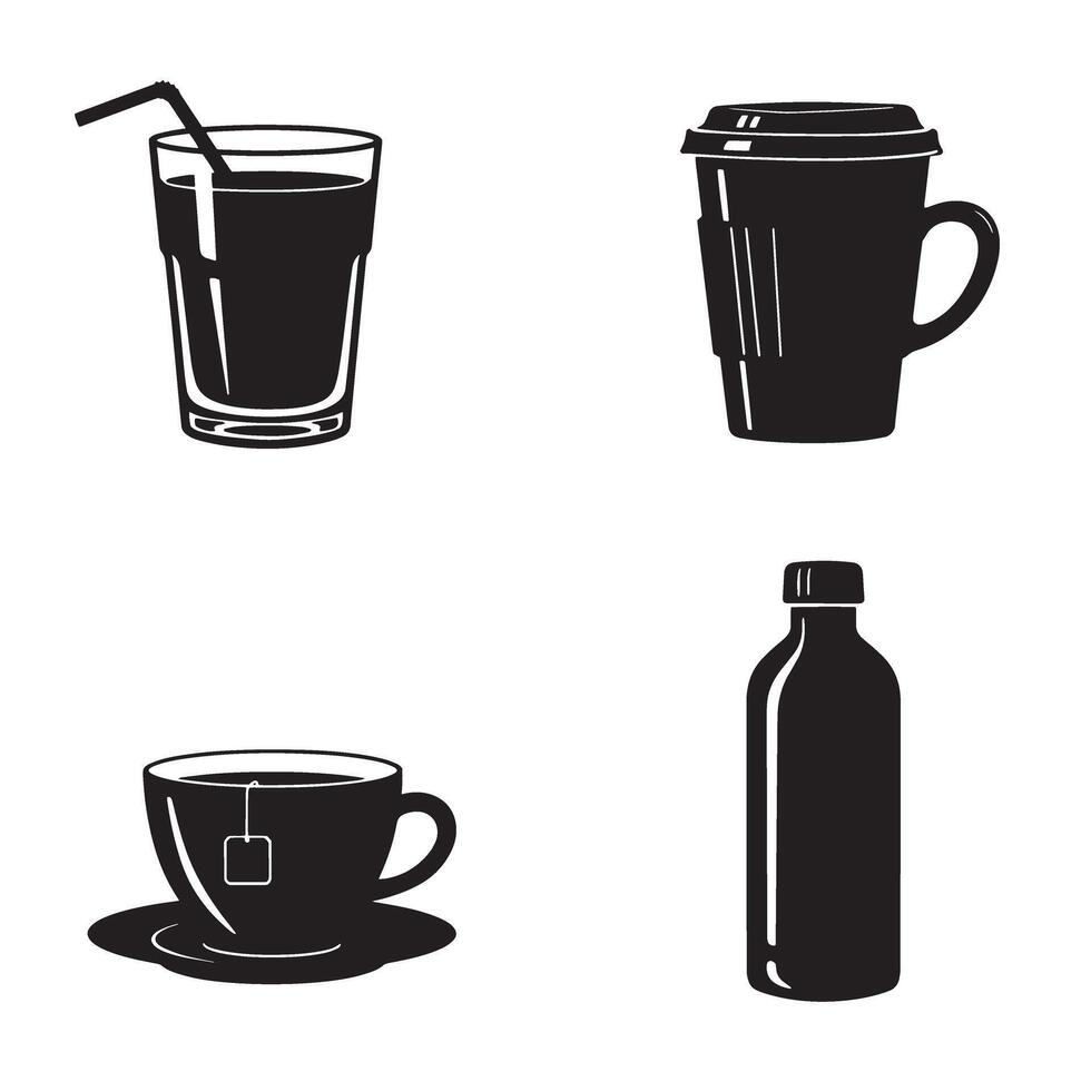 A black and white illustration of beverages including juice coffee tea and bottled water for design vector