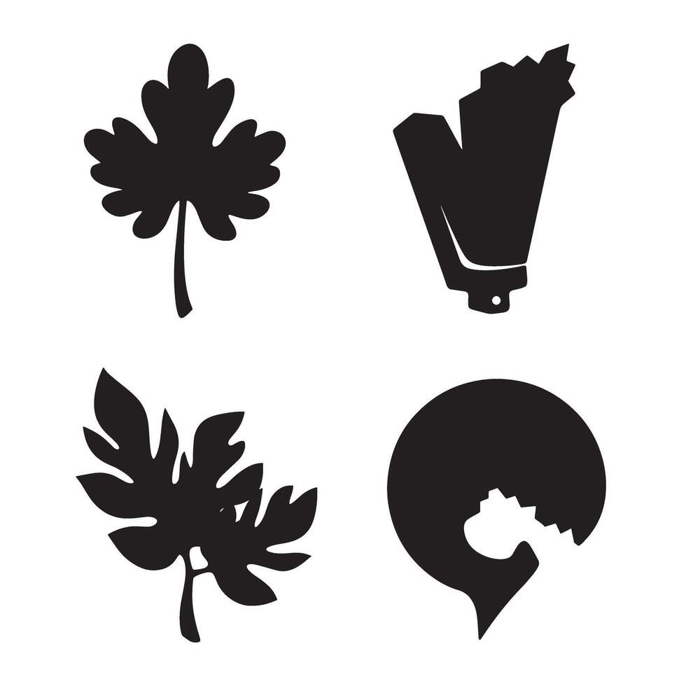 A collection of four black and white illustrations of abstract organic shapes including leaves and other botanical elements. vector
