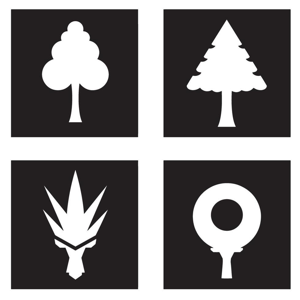 Abstract black and white illustration of four different tree and plant icons in minimalist design. vector