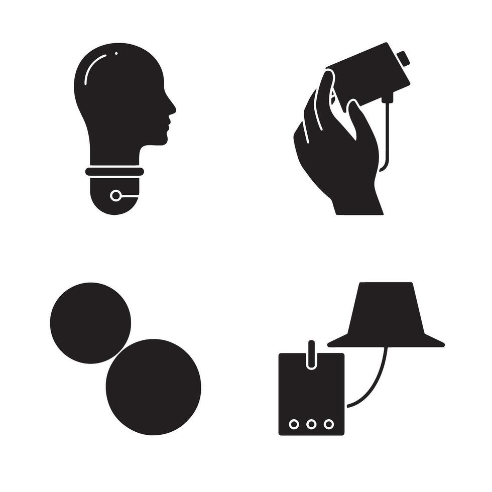 Set of four minimalist black icons illustrating ideas innovation tools and the creative process perfect for design concepts vector