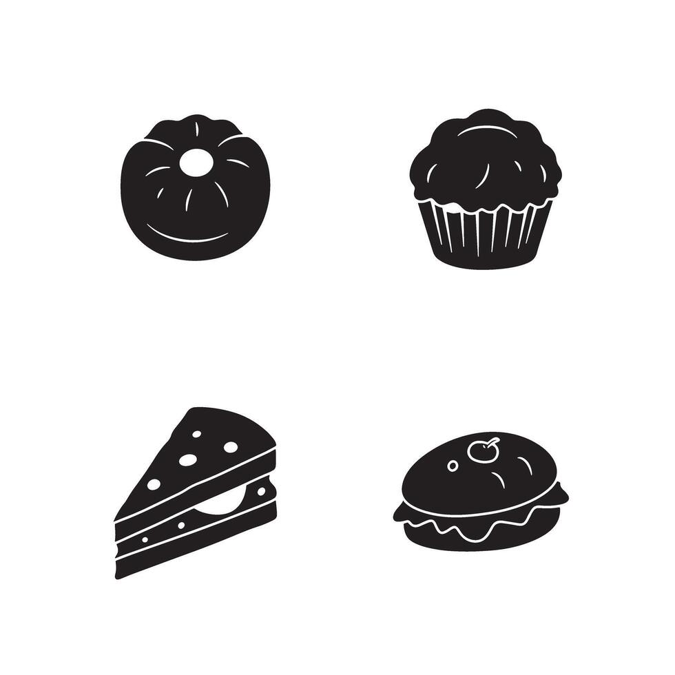 A collection of delicious baked goods in silhouetted black and white featuring cake muffin and sandwich elements vector