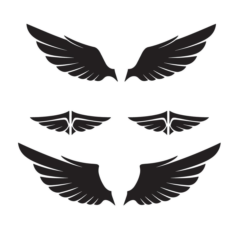 Collection of stylized black wings in various shapes and sizes representing freedom and strength on white background vector