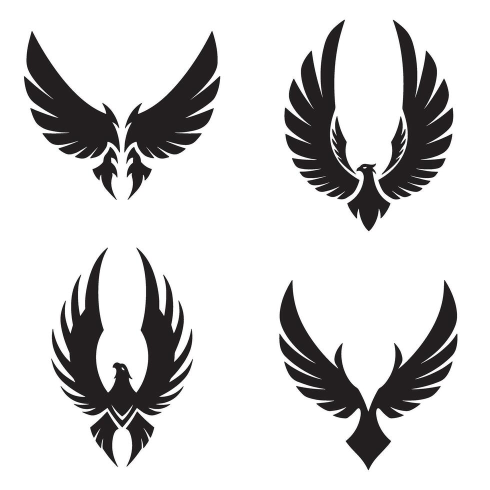 Set of elegant black phoenix and eagle wing designs for branding and logo creation on a clean white background vector