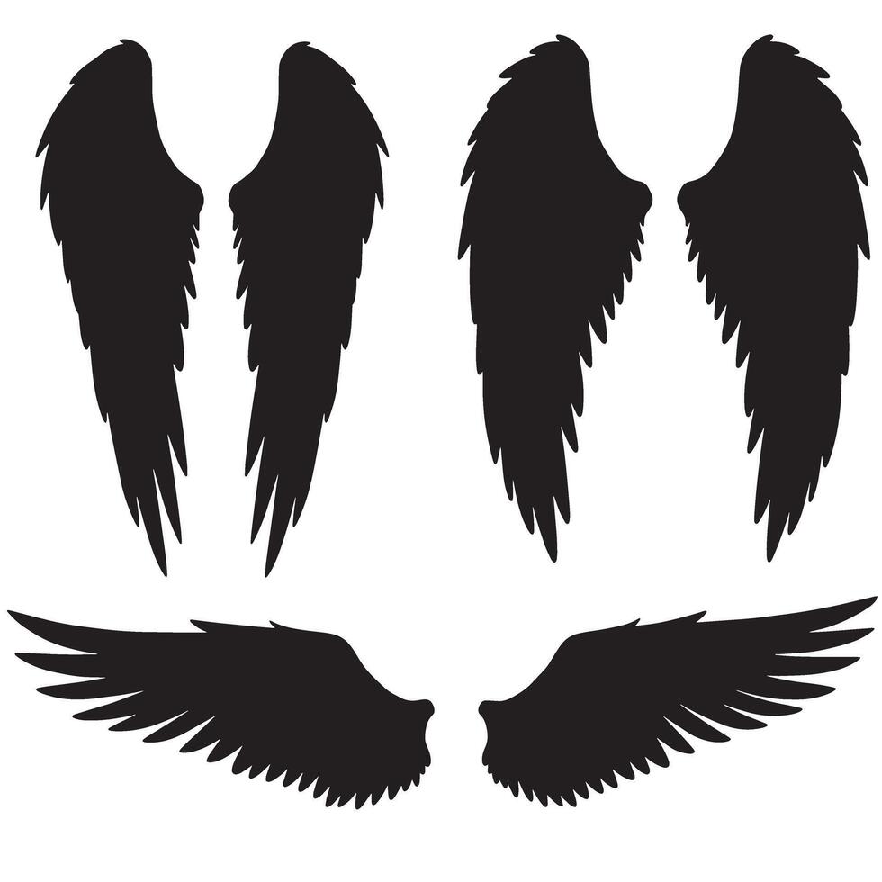 illustration of various black silhouetted angel wing designs featuring feathered textures and decorative symbolism vector