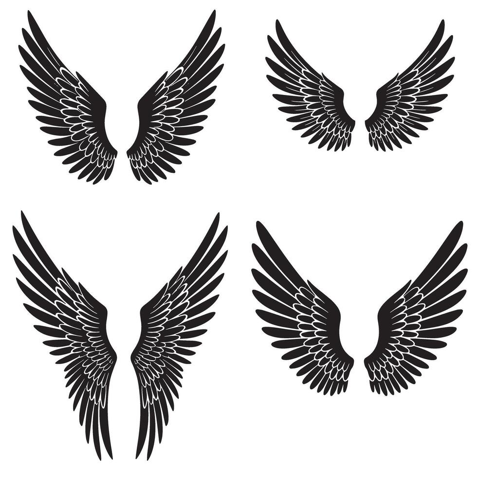 Collection of stylized black and white angel wings graphics for design elements and decorative purposes. vector