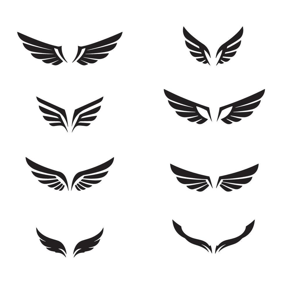 Collection of black wing illustrations representing freedom, elegance, flight, and symbolic design elements on a white background vector