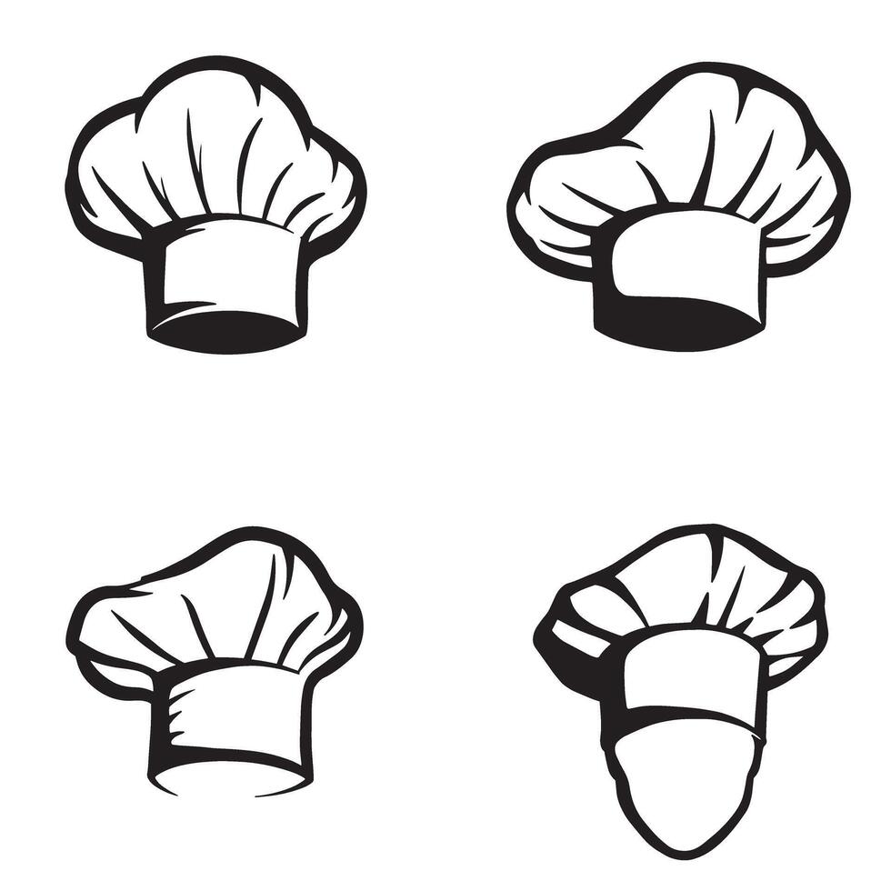 Four black and white chef hats in different styles for culinary and restaurant design vector