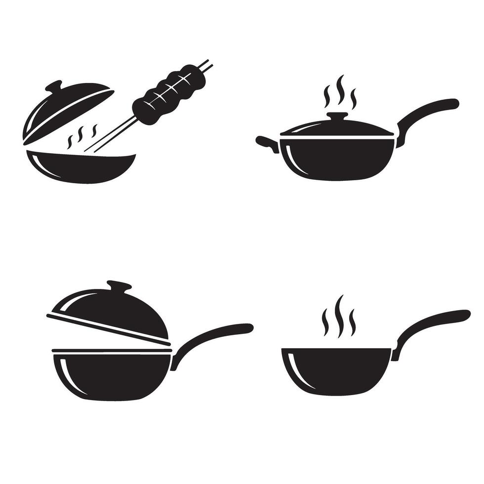 Simple illustration showcasing a collection of cooking tools and a skewer in various cooking pot arrangements vector