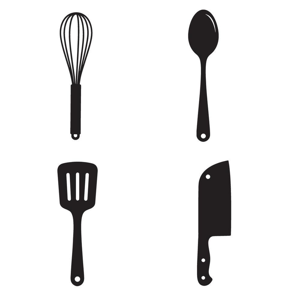 Black and white kitchen tools illustration including a whisk spoon spatula and cleaver on white backdrop perfect for culinary projects. vector