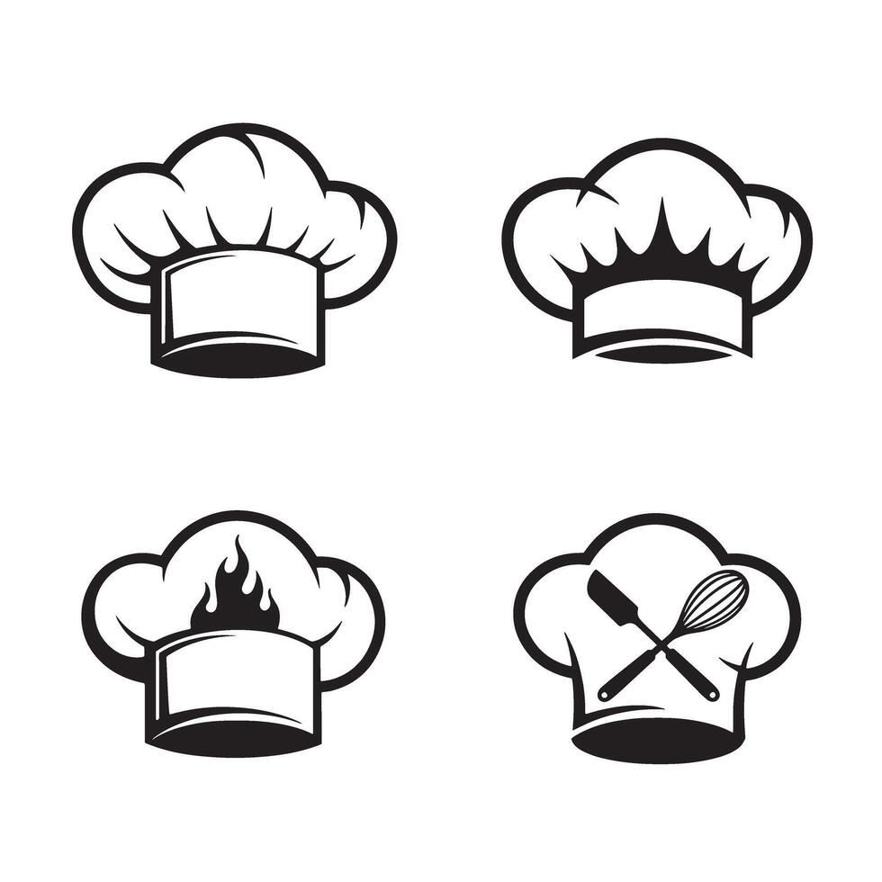 A collection of illustrated chef hat logos in black and white for culinary and restaurant branding vector