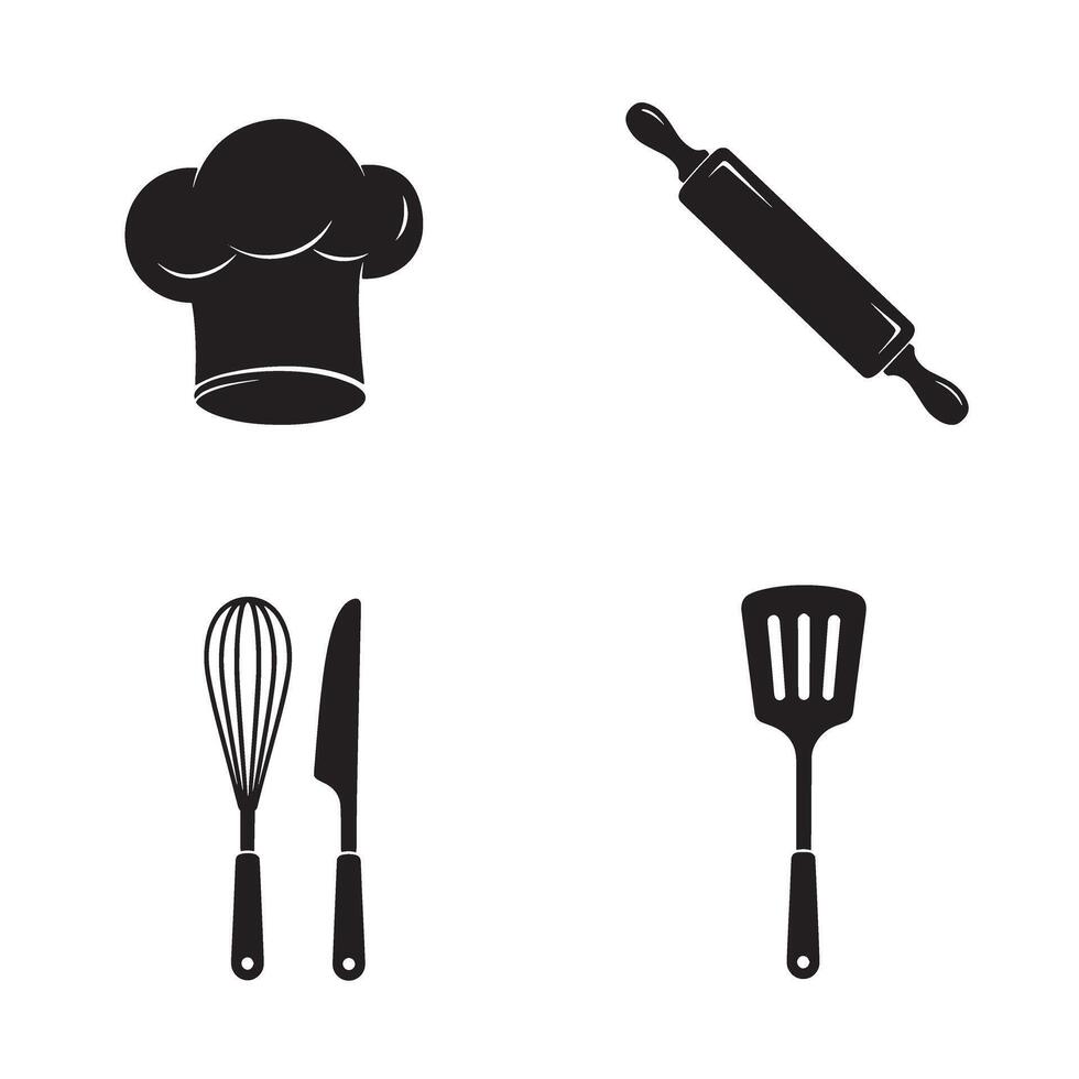 Black and white kitchen tools illustration including chef hat rolling pin whisk and spatula vector