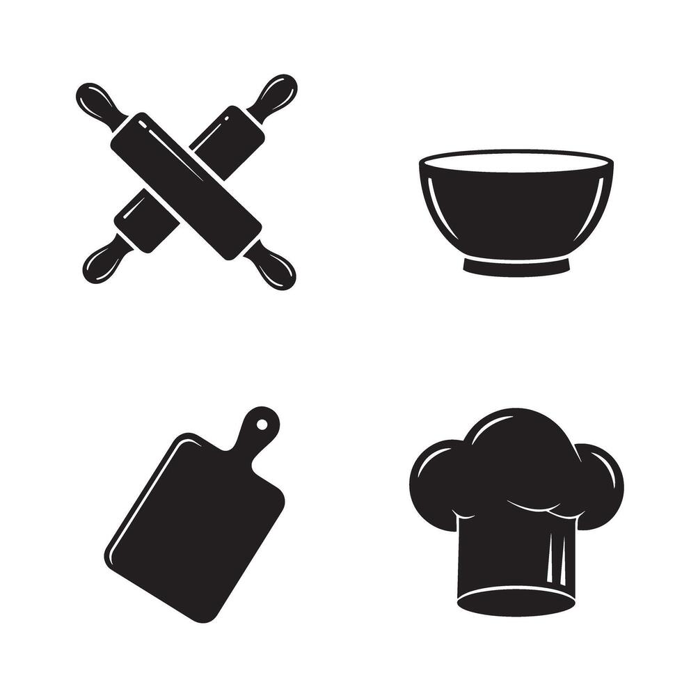 Culinary tools and equipment silhouette set featuring rolling pins a bowl a chopping board and a chef's hat design in black and white vector