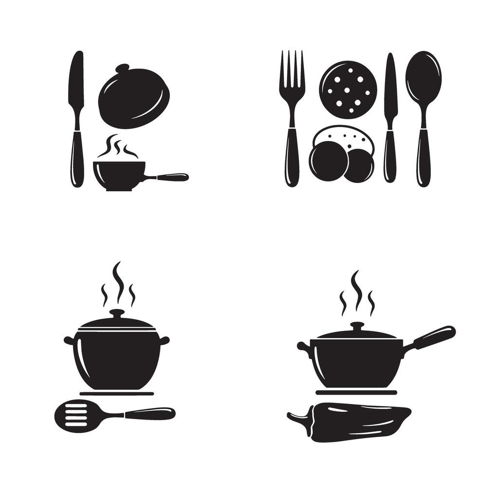 Collection of black and white culinary icons representing kitchen utensils and food items on a white background vector