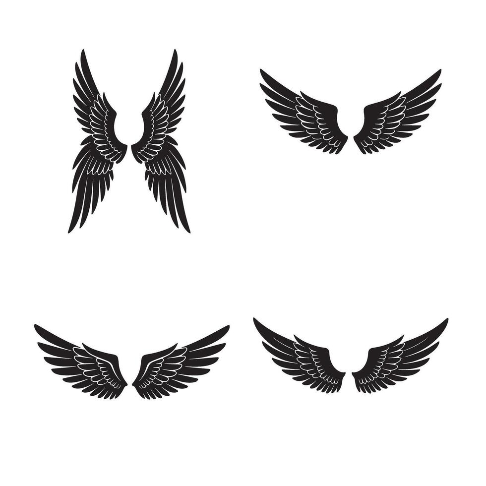 Set of four distinct angel wings in black and white illustration design for logos and decorative purposes vector