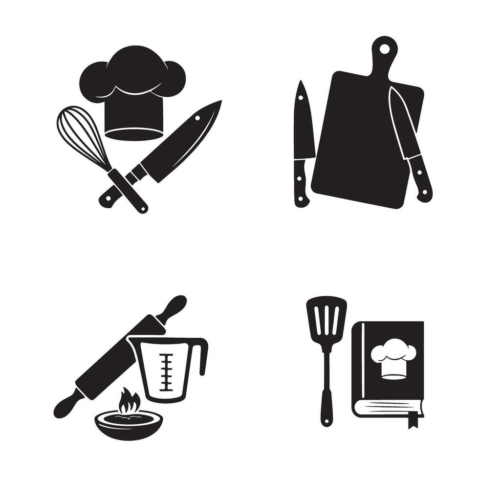 A collection of simple black and white silhouettes depicting cooking utensils and culinary items vector