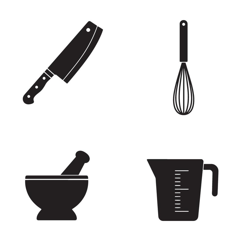 Culinary essentials illustration featuring a chef's knife a whisk a mortar and pestle and a measuring cup in minimalistic black and white vector