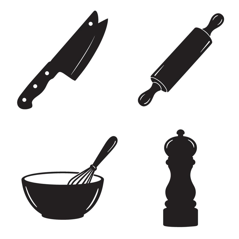 Black and white kitchen tools illustration including a knife rolling pin whisk and pepper grinder with a clean design vector