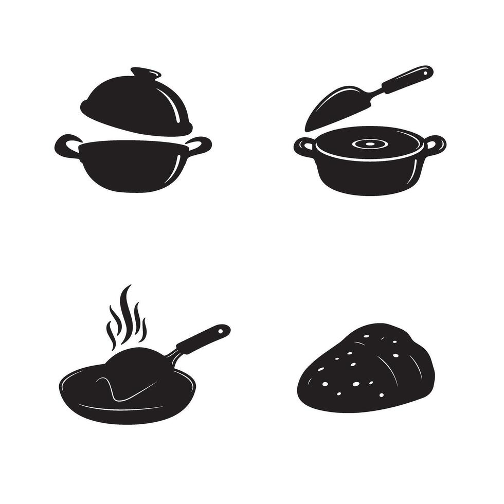 Silhouetted illustrations of cooking utensils and food items including a pot pan and loaf of bread on a white background vector