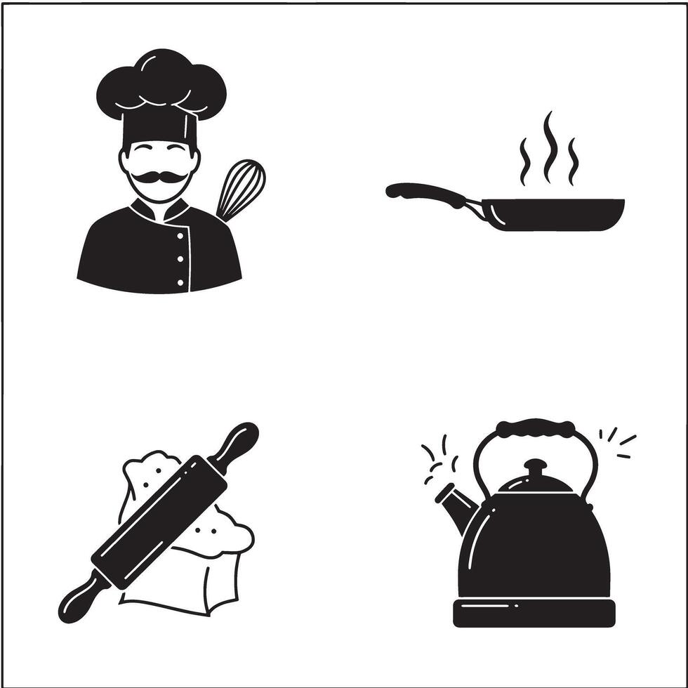 Collection of black and white kitchen elements featuring chef with whisk cooking pan rolling pin and boiling kettle icons vector