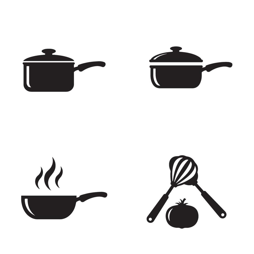 Black and white kitchen icons including pots pans steam whisk and tomato representing culinary cooking preparation and food vector