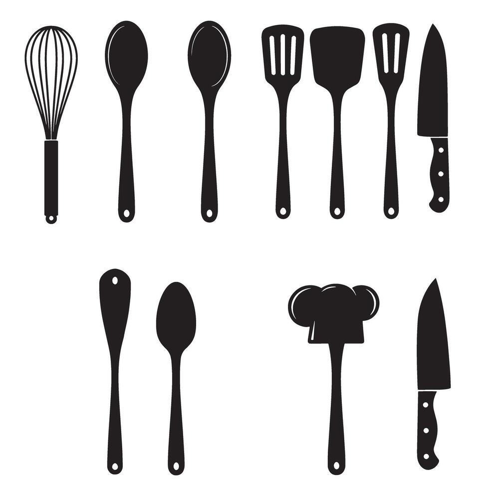 A collection of illustrated black and white kitchen tools and utensils arranged against a white background perfect for food preparation. vector