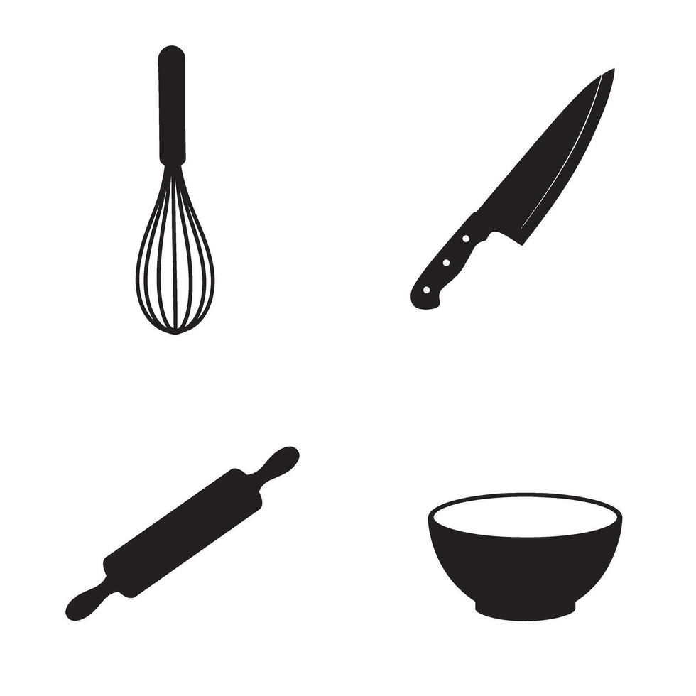 Black and white illustrations of kitchen tools including whisk knife rolling pin and bowl for culinary concepts vector